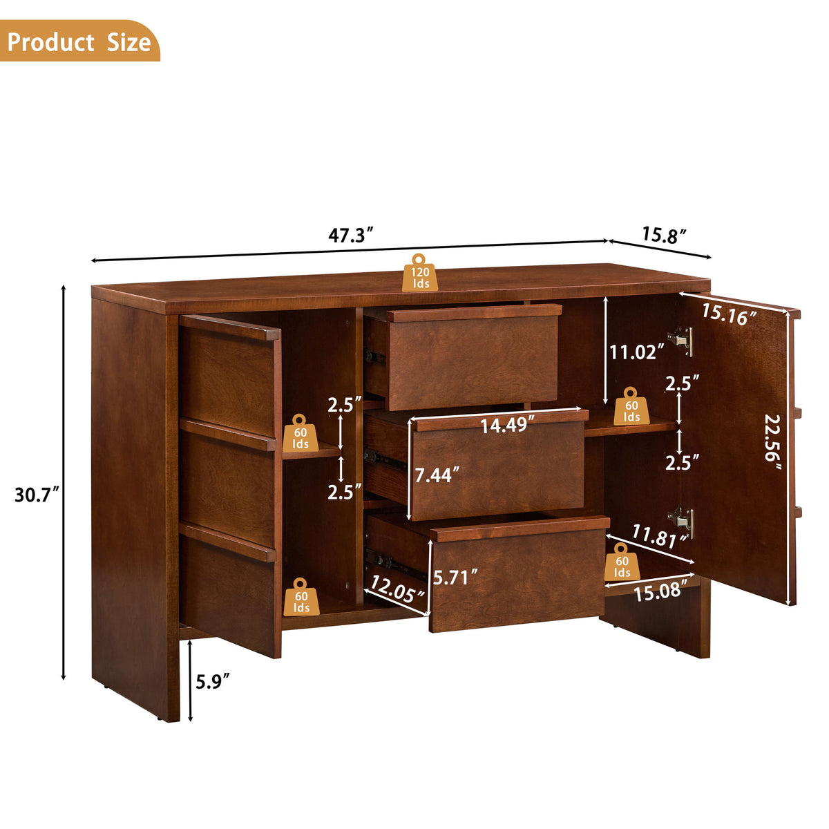 Sideboard Buffet Cabinet With Storage, 2 Doors 3 Drawers
