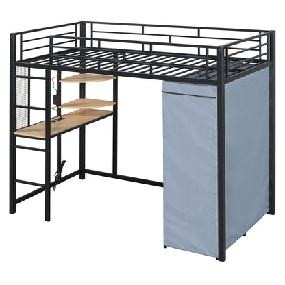 Loft Bed With Desk, Shelves, Power Outlet, LED Light And Wardrobe