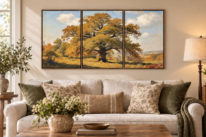 Beneath The Amber Boughs - 24 X 30 - Hand-Embellished Canvas Triptych In - Gold, Green, Pale Blue
