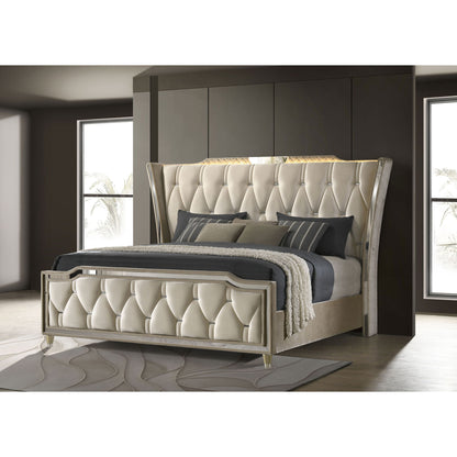 Mika - Eastern King LED Upholstered Bed With Tufted Wingback Design - Ivory