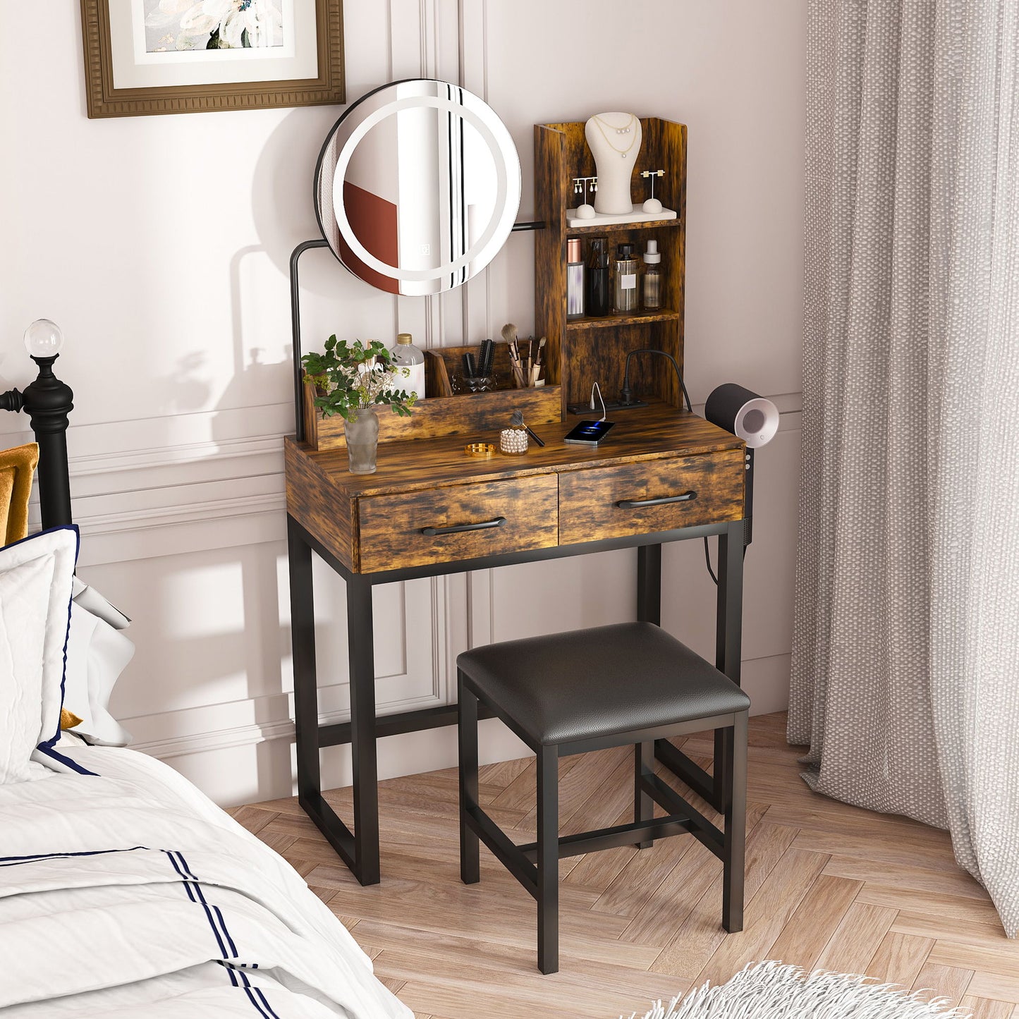 Makeup Vanity Table With LED Lights, 3 Color Options, Power Outlet