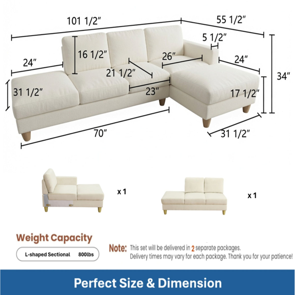 L - Shaped Sectional Sofa With Chaise & Ottoman