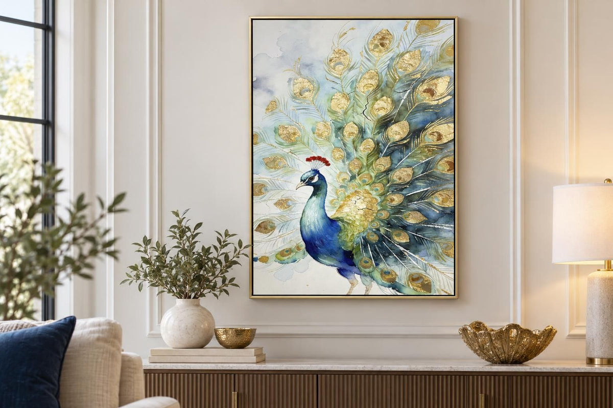 Peacock Promenade - 30 X 39 - Hand-Embellished Canvas In Frame - Blue