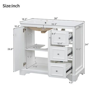 Bathroom Vanity With Sink, Soft-Close Doors, Adjustable U-Shelf, 3 Drawers