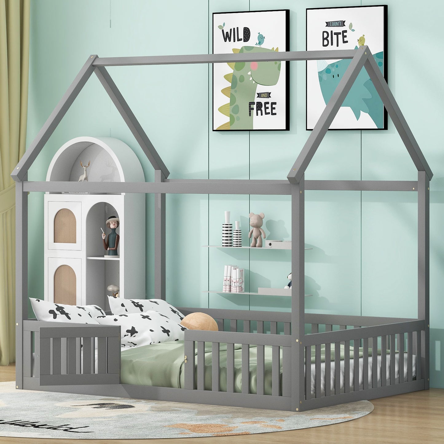 Wood House Bed With Fence And Door