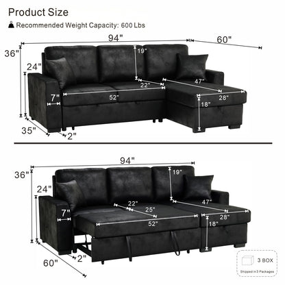 Upholstered Sectional With Pull-Out Bed And Chaise Storage