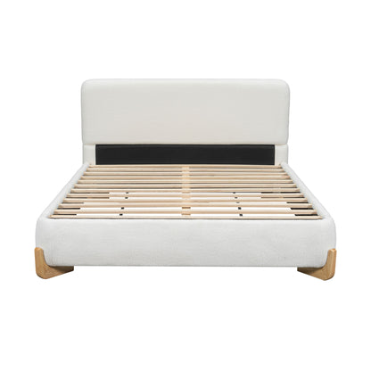 Queen Size Upholstered Bed With 12 Slats Support - White