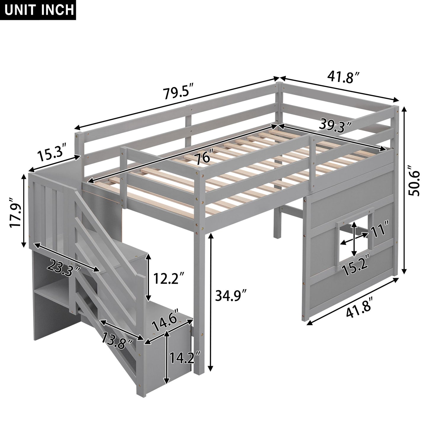 Loft Bed With Storage Staircase, Window & LED Light