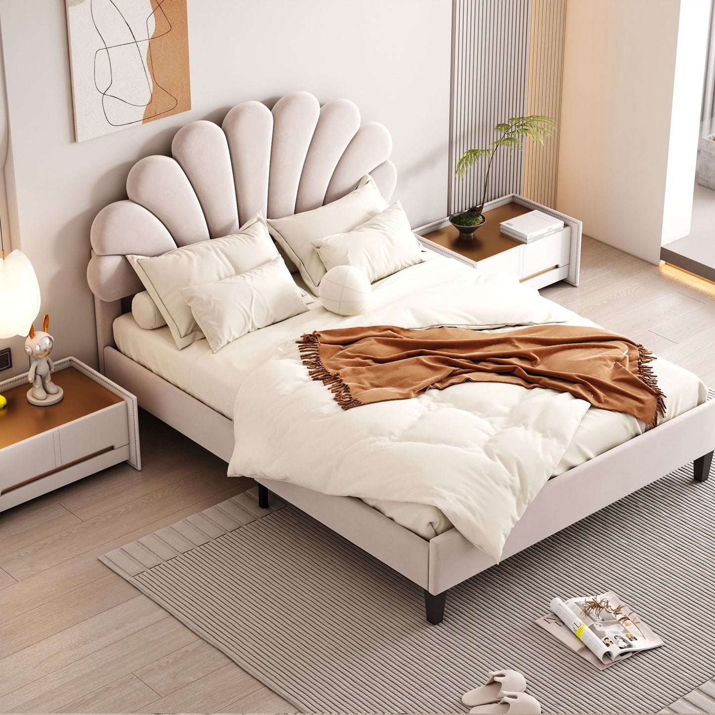 Upholstered Platform Bed With Flower Pattern Headboard