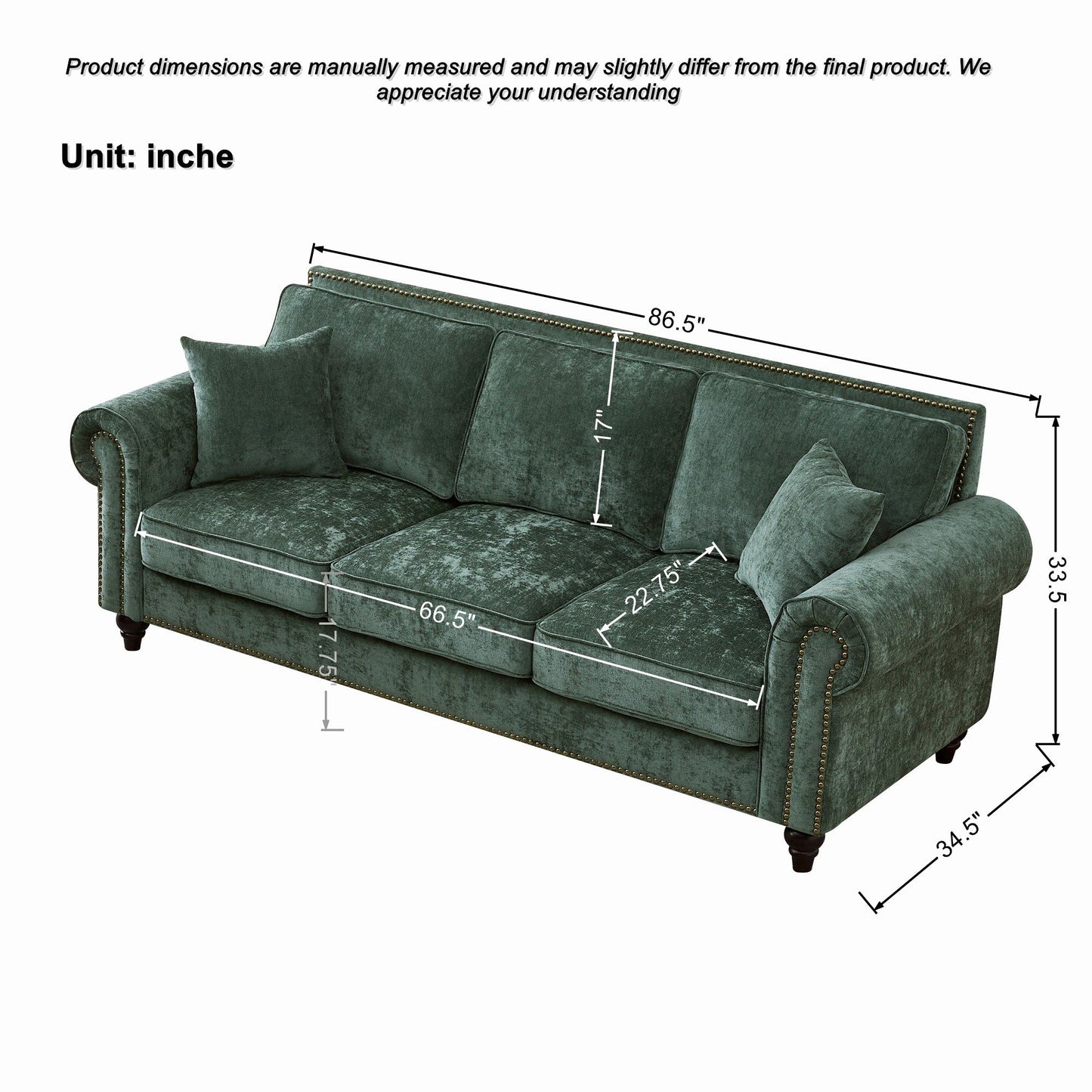 3 Seater Sofa With Tufted Upholstery, Rolled Arms, Nailhead Trim