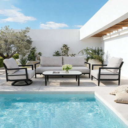 Outdoor Conversation Set With Chairs, Bench Sofa, Tables, Sunbrella Cushions