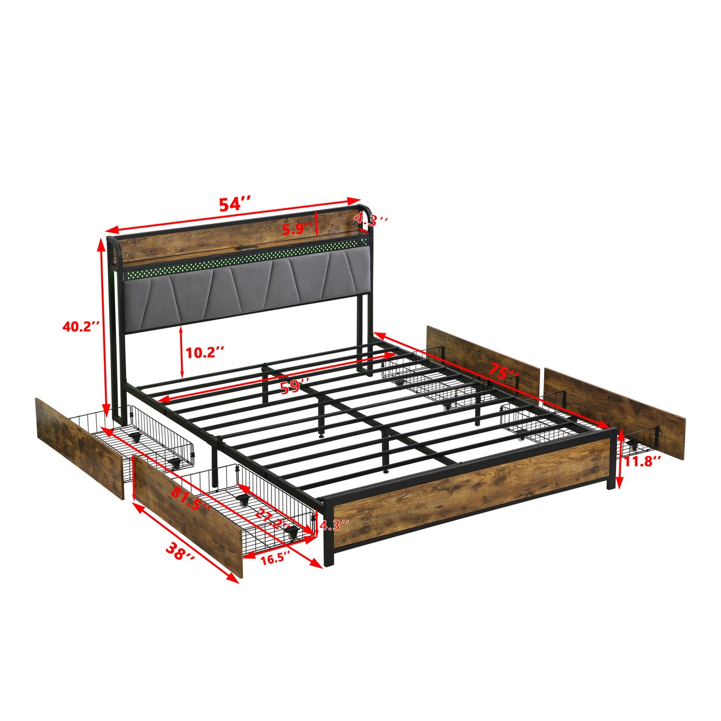 Contemporary Bed Frame With Storage Headboard, Charging Station, LED Lights