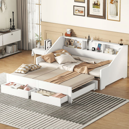 Daybed Frame With Storage Bookcases, 2 Drawers, Charging Station
