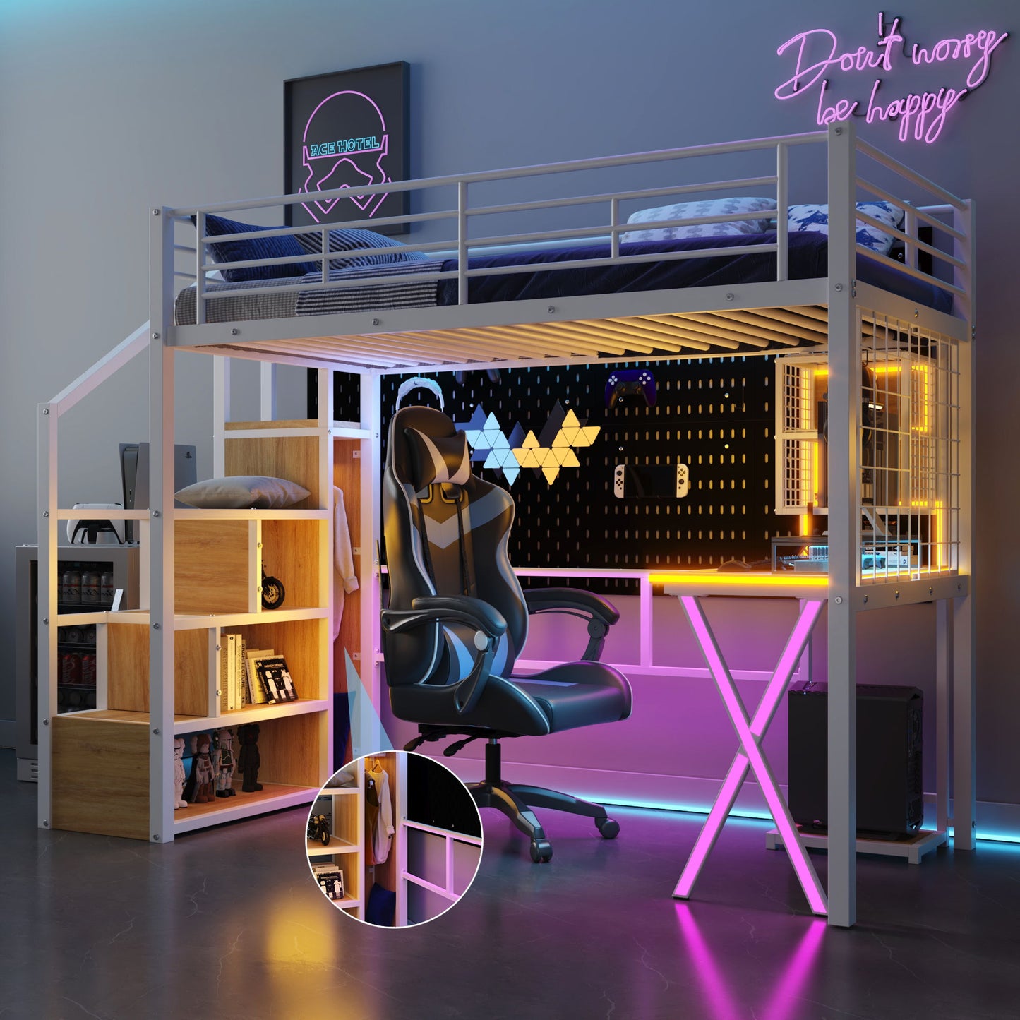 Loft Bed With Built In Work Station, Wardrobe, Storage Staircase And LED