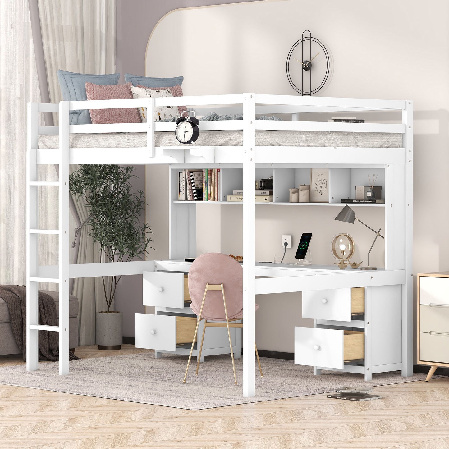 Full Size Loft Bed With Desk, Cabinets, Drawers, Charging Station And Bedside Tray, Sturdy Frame, No Box Spring Required - White