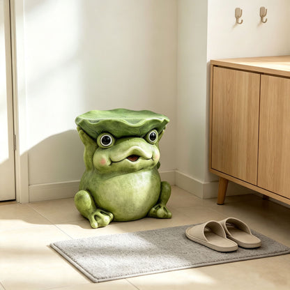 12'' Cute Frog Statue With Lotus Leaf Hat, Cartoon Animal Figurine Decor, Outdoor Garden Landscape Sculpture Ornament For Front Porch, Backyard Lawn, Patio, Walkway Home Decor
