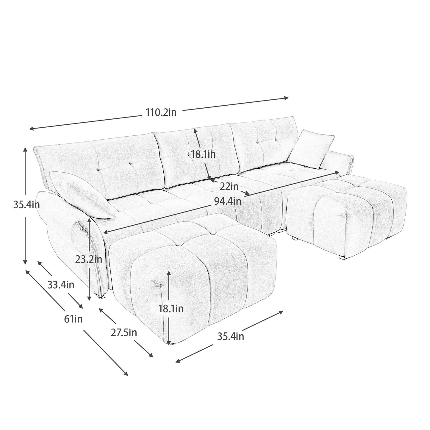 Sofa Set With Ottoman And Pillows, Textured, High Resilience Cushions