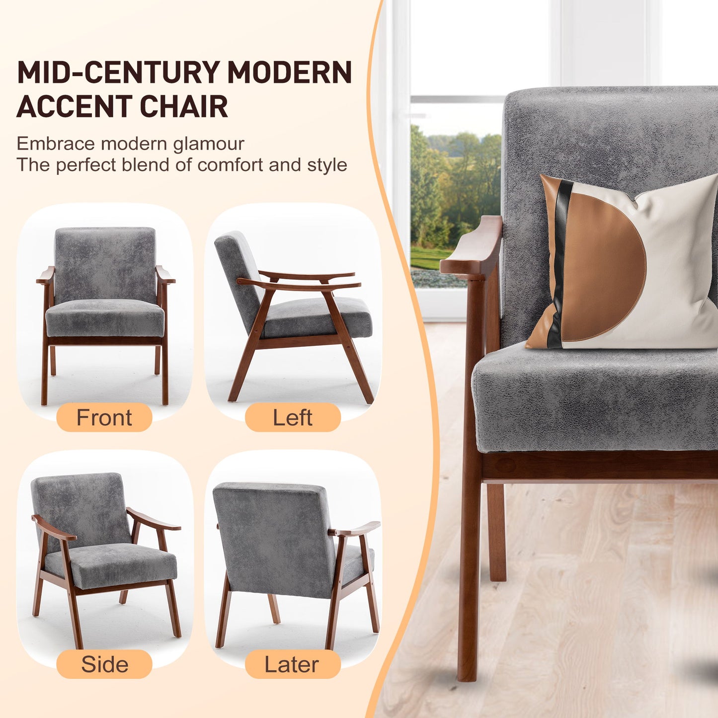 Mid Century Modern Accent Chair With Solid Wood Frame And Extra Thick Backrest