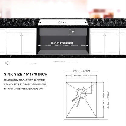 Undermount Stainless Steel Kitchen Sink, Deep Single Bowl Basin