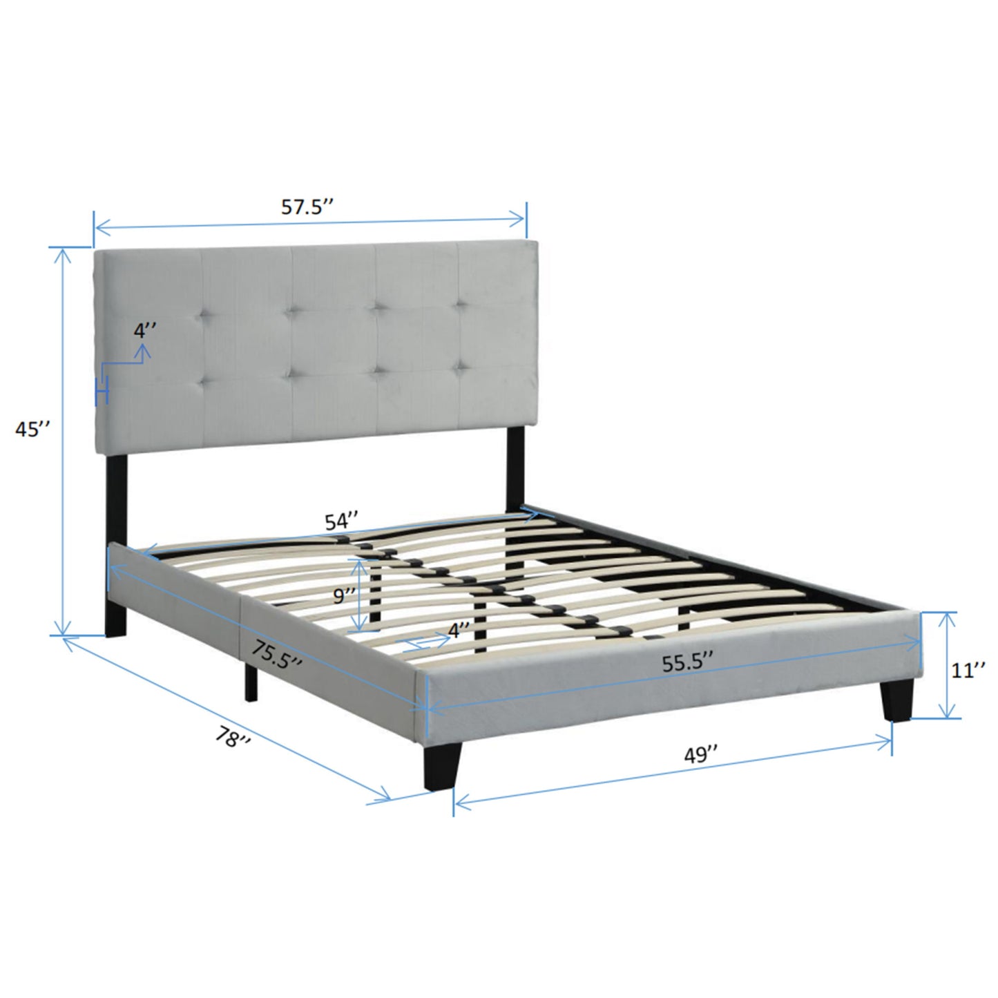 Full Size Upholstered Platform Bed Frame With Tufted Headboard, Strong Wood Slat Support - Gray