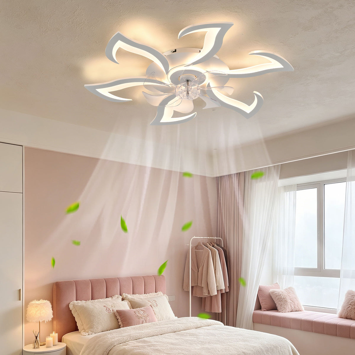 Flower Ceiling Fan With LED Dimmable Light, Flush Mount Ceiling Fan With Remote Control, Low Profile Design, 6 Speeds, Timing Function
