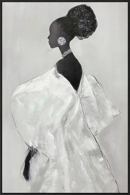 "Elegant Silhouette I" Hand-Painted With Rocks In Frame - Gray / Black / Rock