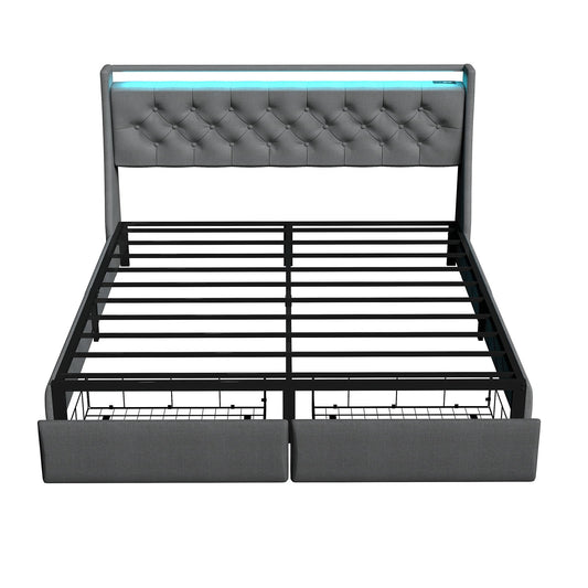 Floating Bed Frame With Rgb LED Light, 2 Storage Drawers & Headboard Shelf