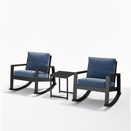 Outdoor Rocking Bistro Set Of 3, Oversized Rocking Chairs With Cushions And Side Table - Black / Blue