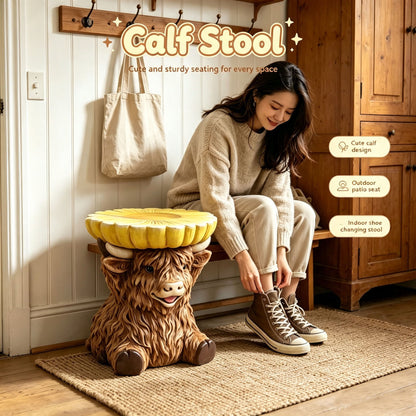 14'' Brown Highland Cow Stool With Yellow Sunflower Top, Cute Farm Animal Side Table Decor, Indoor & Outdoor Creative Figurine Seat For Patio, Garden, Living Room Home Decor