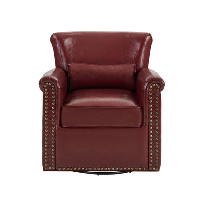 Swivel Accent Chair With Rolled Arm, Sewn Pillow Back, Nailhead Trim For Living Room
