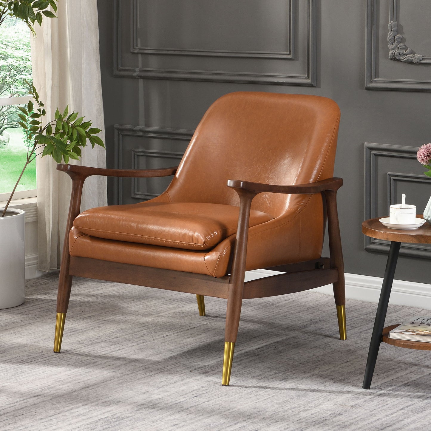 Mid - Century Accent Chair With Cushioned Seat, Brass Tipped Legs