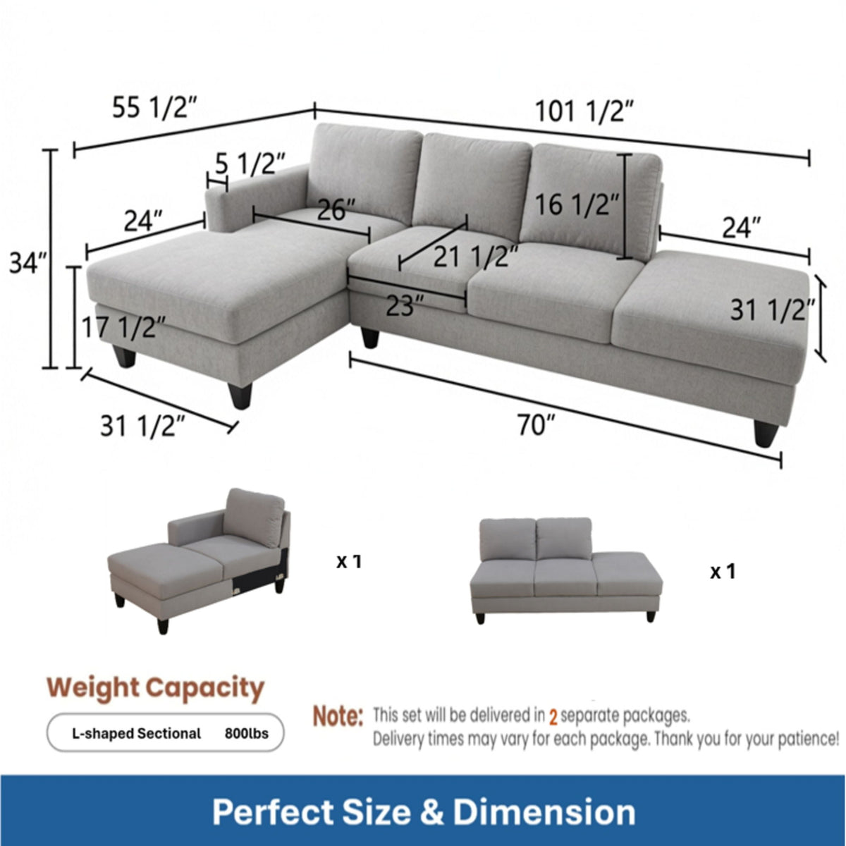L - Shaped Sectional Sofa With Chaise & Ottoman