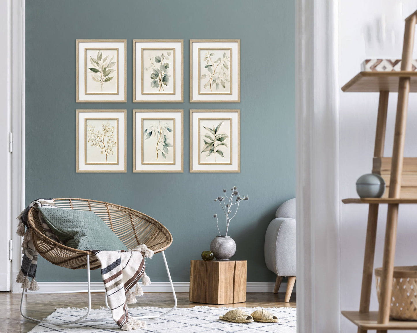 Quiet Botanical Print on Paper In Double Frame (Set of 6) - Beige / Green