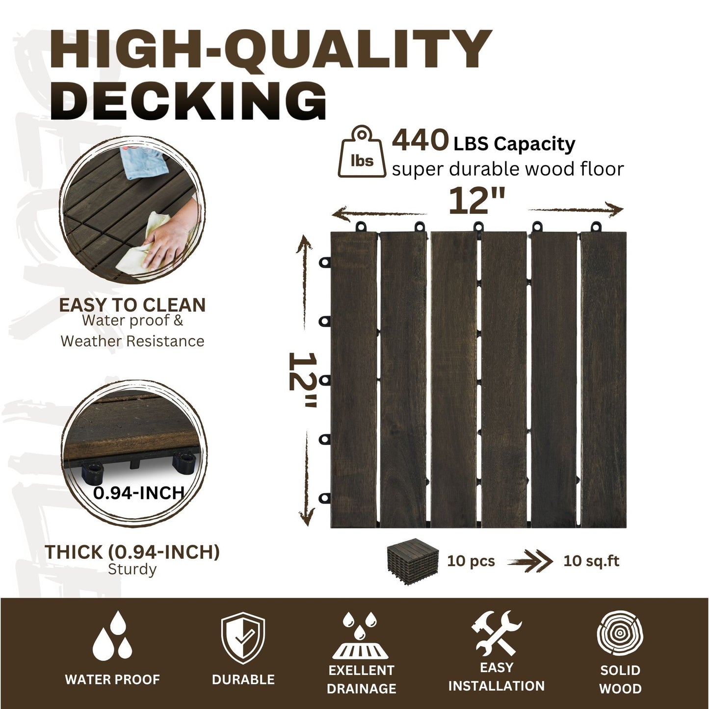 Acacia Hardwood Interlocking Deck Tiles, Striped Pattern