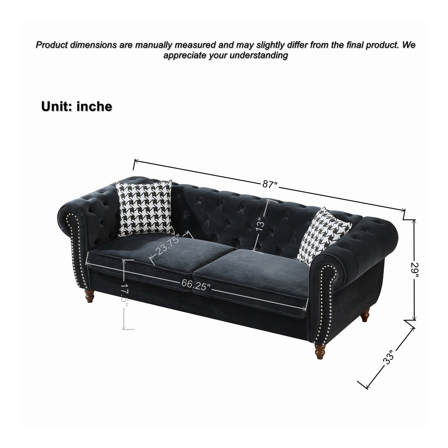 Chesterfield Upholstery Fabric Sofa With Roll Armrest & Nailhead