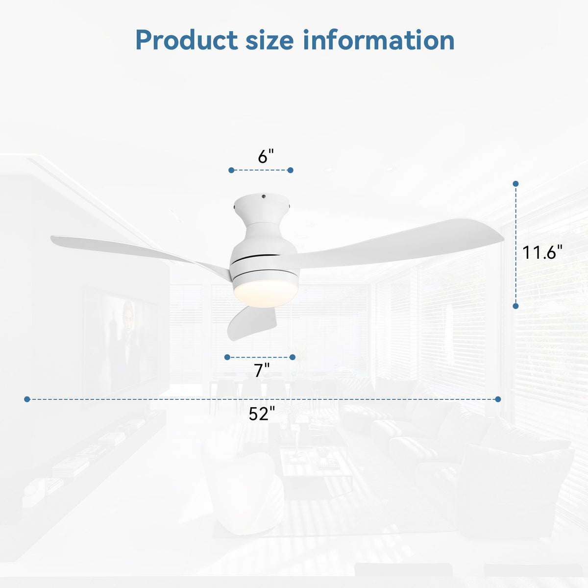 52" Low Profile Ceiling Fan With Lights, Quiet Reversible DC Motor, Dimmable LED, 3 Blades - White