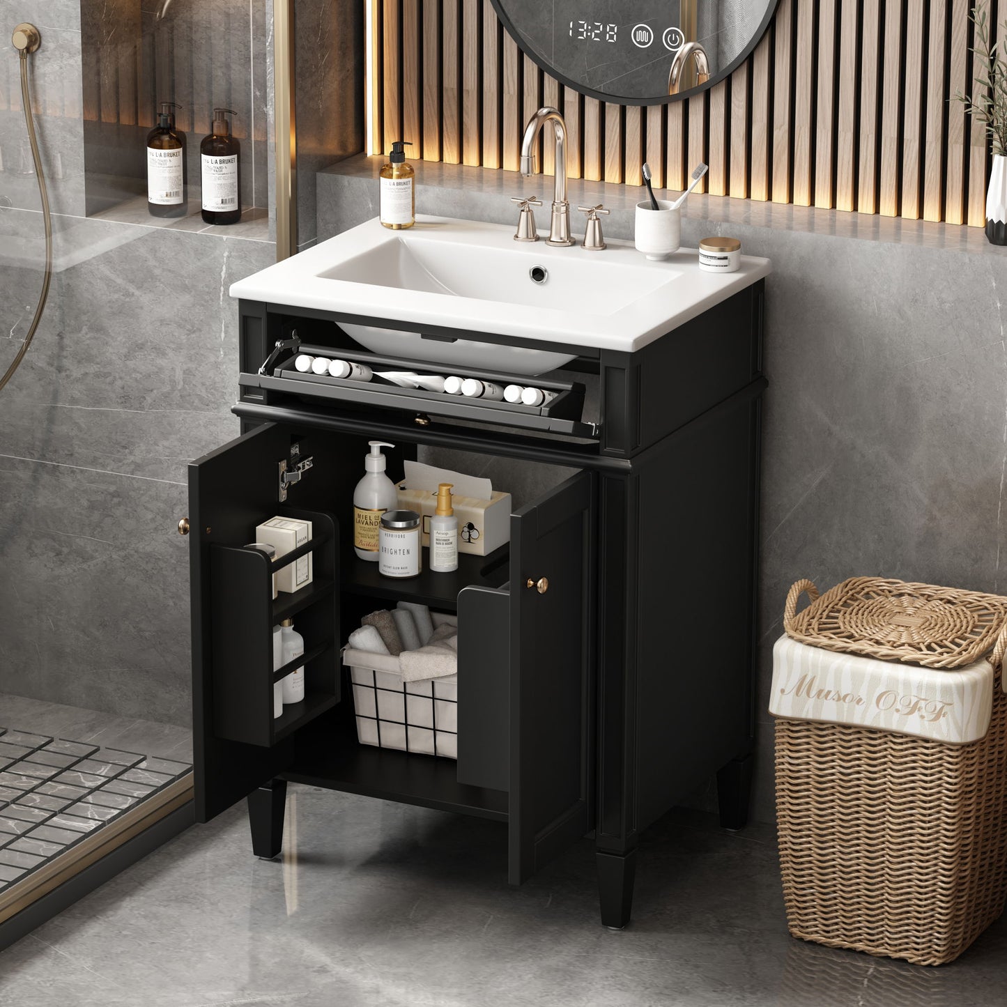 Bathroom Vanity With 2 Doors And Tip Out Drawer, Soft Closing Hinges