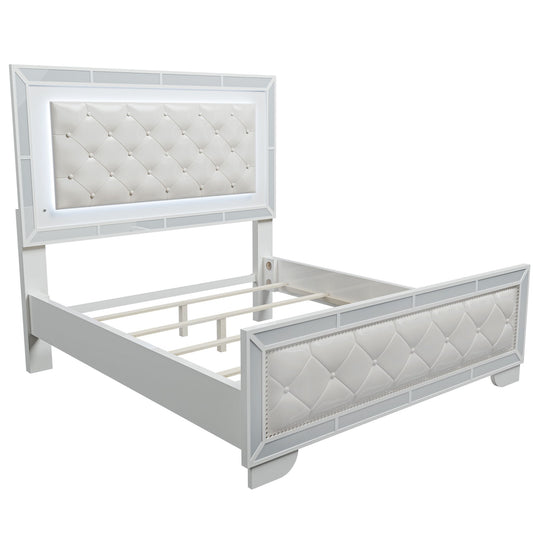 Eastern King Size Bed With LED Lights And Mirror Trim - Cream / Ivory