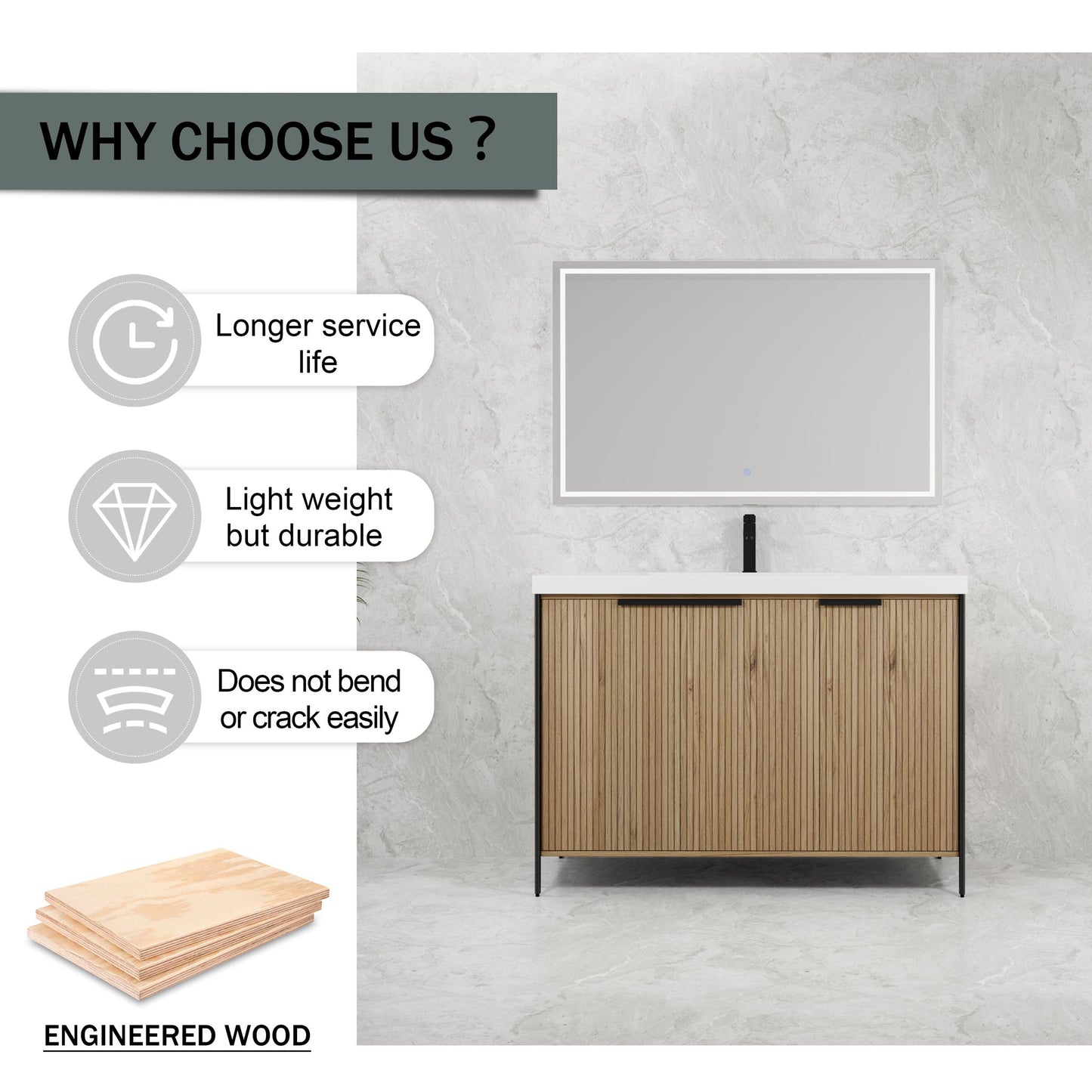Modern Freestanding Bathroom Vanity With Resin Sink & Soft Close Cabinet Doors