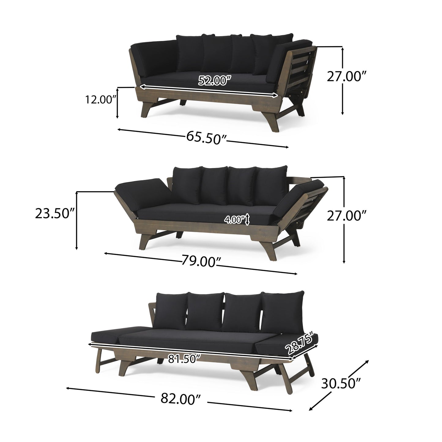 Outdoor Patio Daybed Sofa, 3 Seat Sofa With Foldable Arm 4 Back Pillows