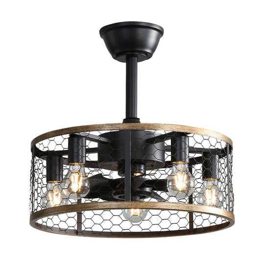 20" Industrial Cage Ceiling Fan With Remote Control, 7 Blades, DC Motor, 1H / 4H / 8H Timer - Black