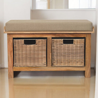 Rattan Basket Linen Bench - Brown