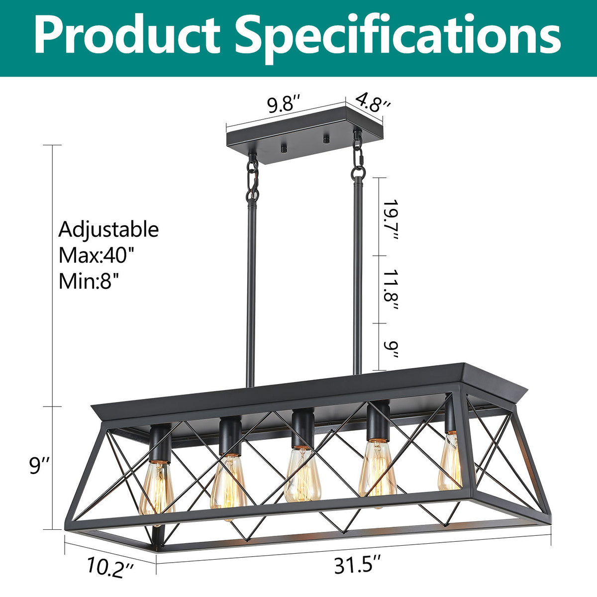 Chandelier Pendant Light For Dining Room Kitchen, 5 Light Fixture With Adjustable Height
