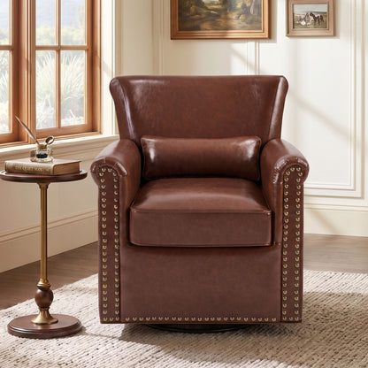 Swivel Accent Chair With Rolled Arm, Sewn Pillow Back, Nailhead Trim For Living Room