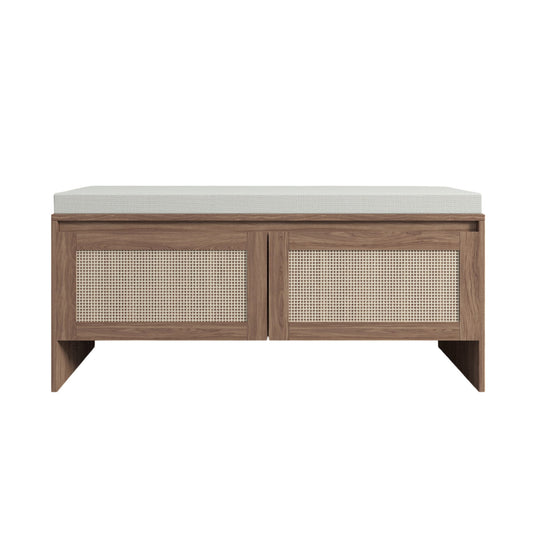 Storage Bench With Cushion, Shoe Cabinet With 2 Doors - Antique Natural / Rattan