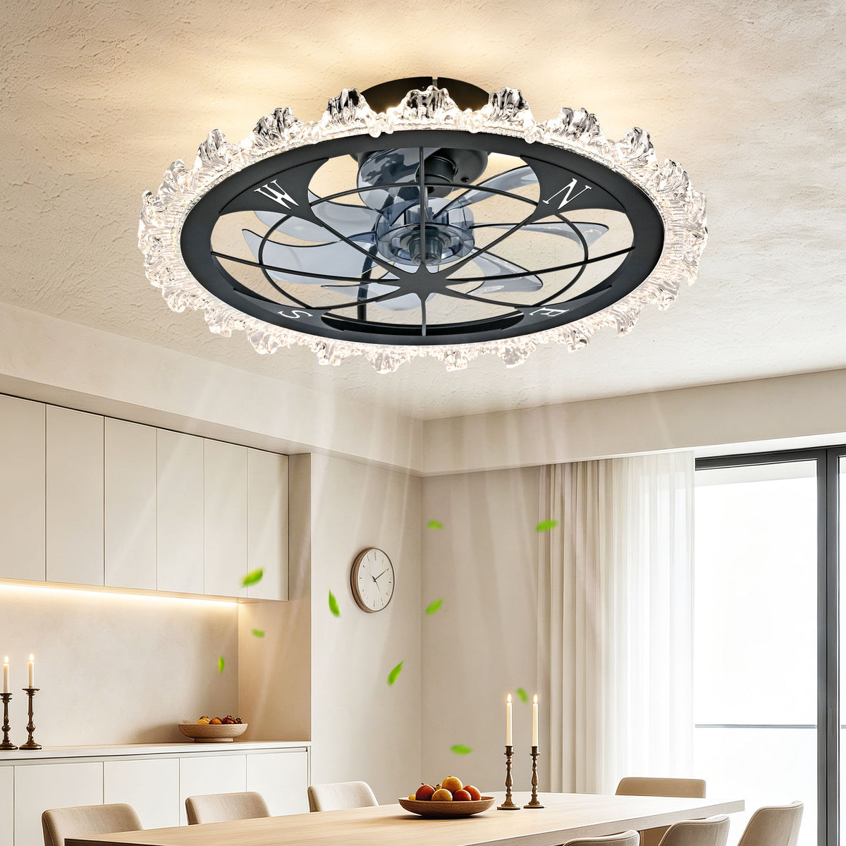 Caged Ceiling Fan With Remote Controlled Dimmable LED Lights, Flush Mount Fan, Low Profile Design - Matte Black