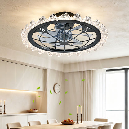 Caged Ceiling Fan With Remote Controlled Dimmable LED Lights, Flush Mount Fan, Low Profile Design - Matte Black