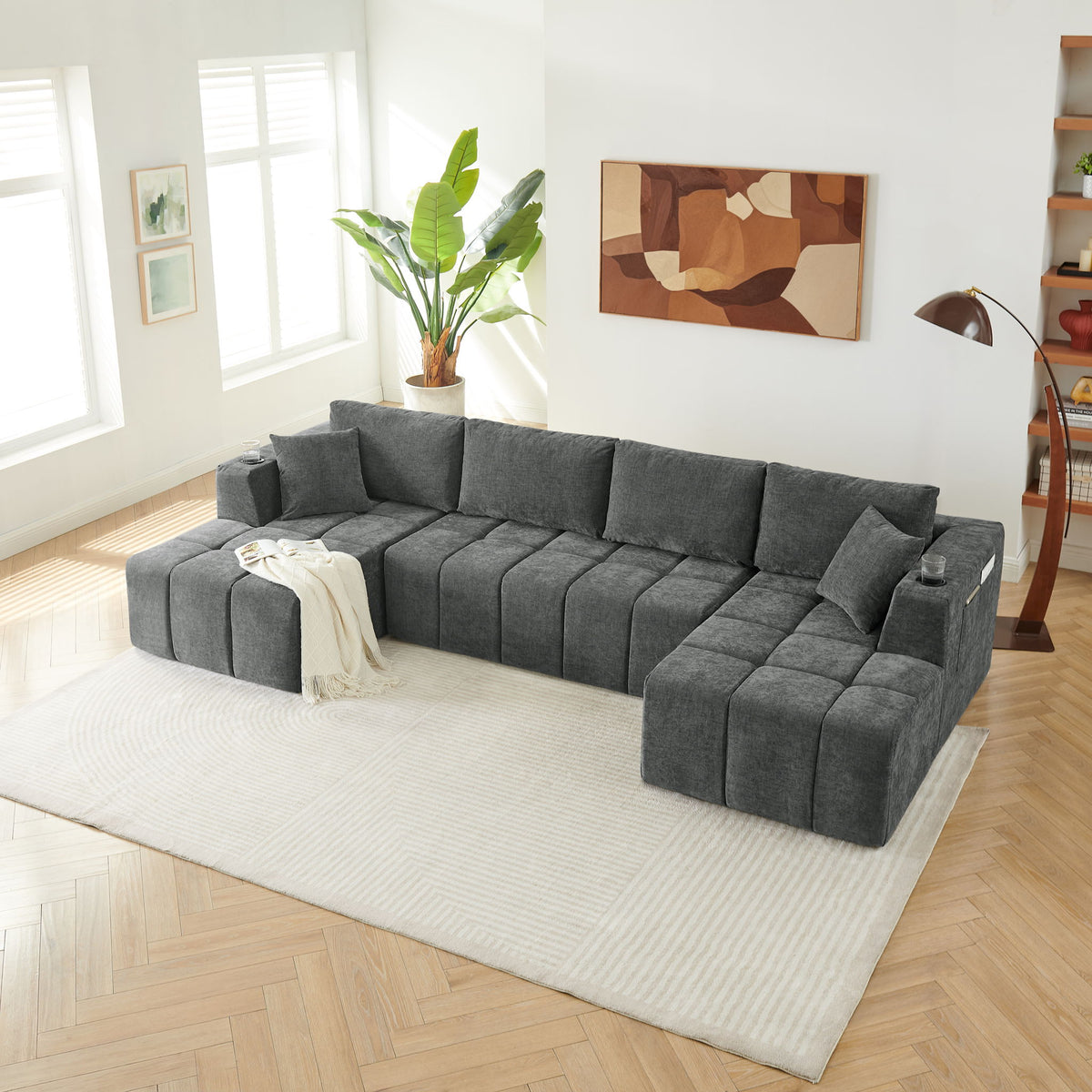 U - Shaped Sectional Sofa, Cup Holders & Side Pockets For Living Room