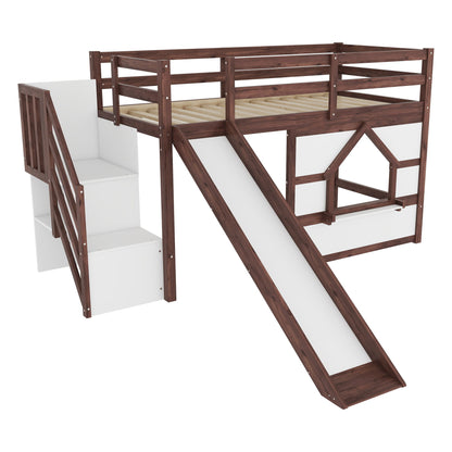 Loft Bed With Storage Stairs, Slide, Playhouse Window And 7 Colors LED Lights
