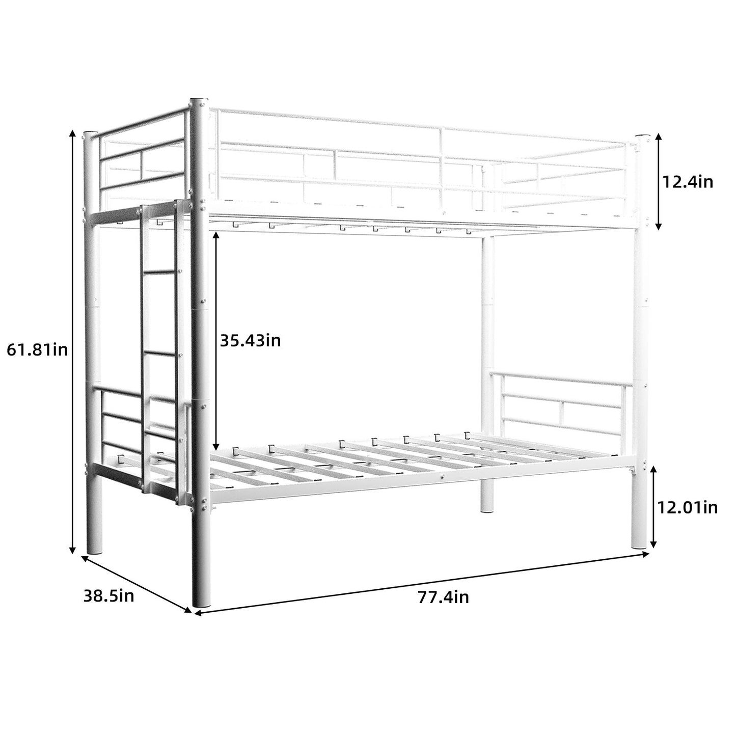 Metal Bunk Bed For Kids, Convertible Bedframe With Ladders & Guardrail
